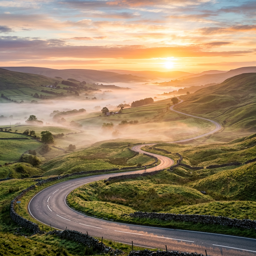 Curved road through green hills with morning mist and rising sun